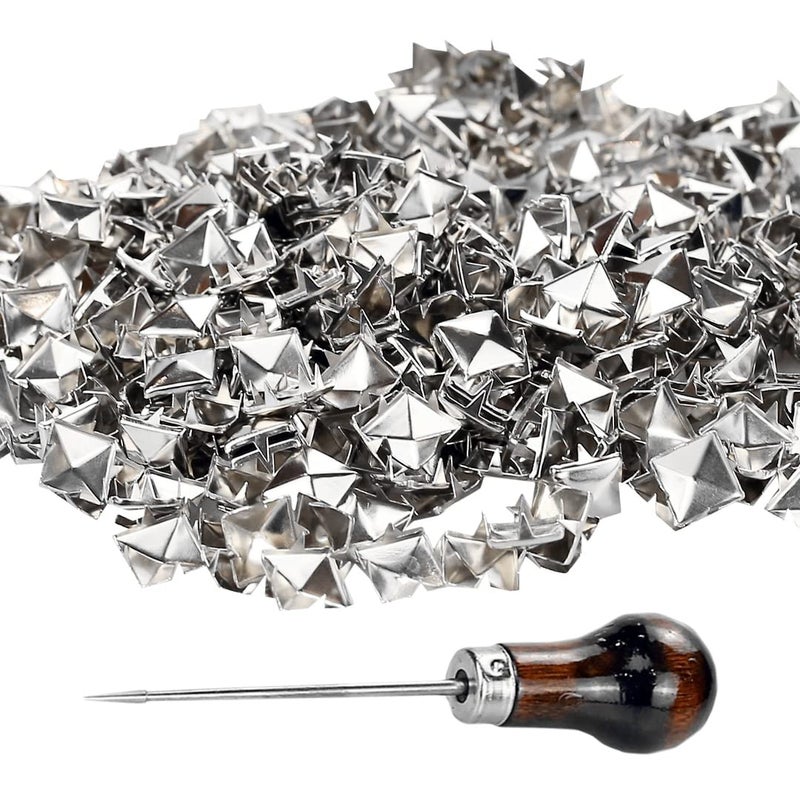 TUZAZO 500 Pieces 10 mm Square Pyramid Studs for Clothing Bag Leather Shoes Punk Rock Jewelry Craft, 4 Prong Metal Nailhead Studs Spikes Accessories with Awl (Silver) - Image 3